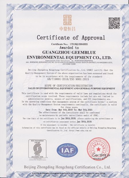 China Guangzhou Geemblue Environmental Equipment Co., Ltd. Certificaciones